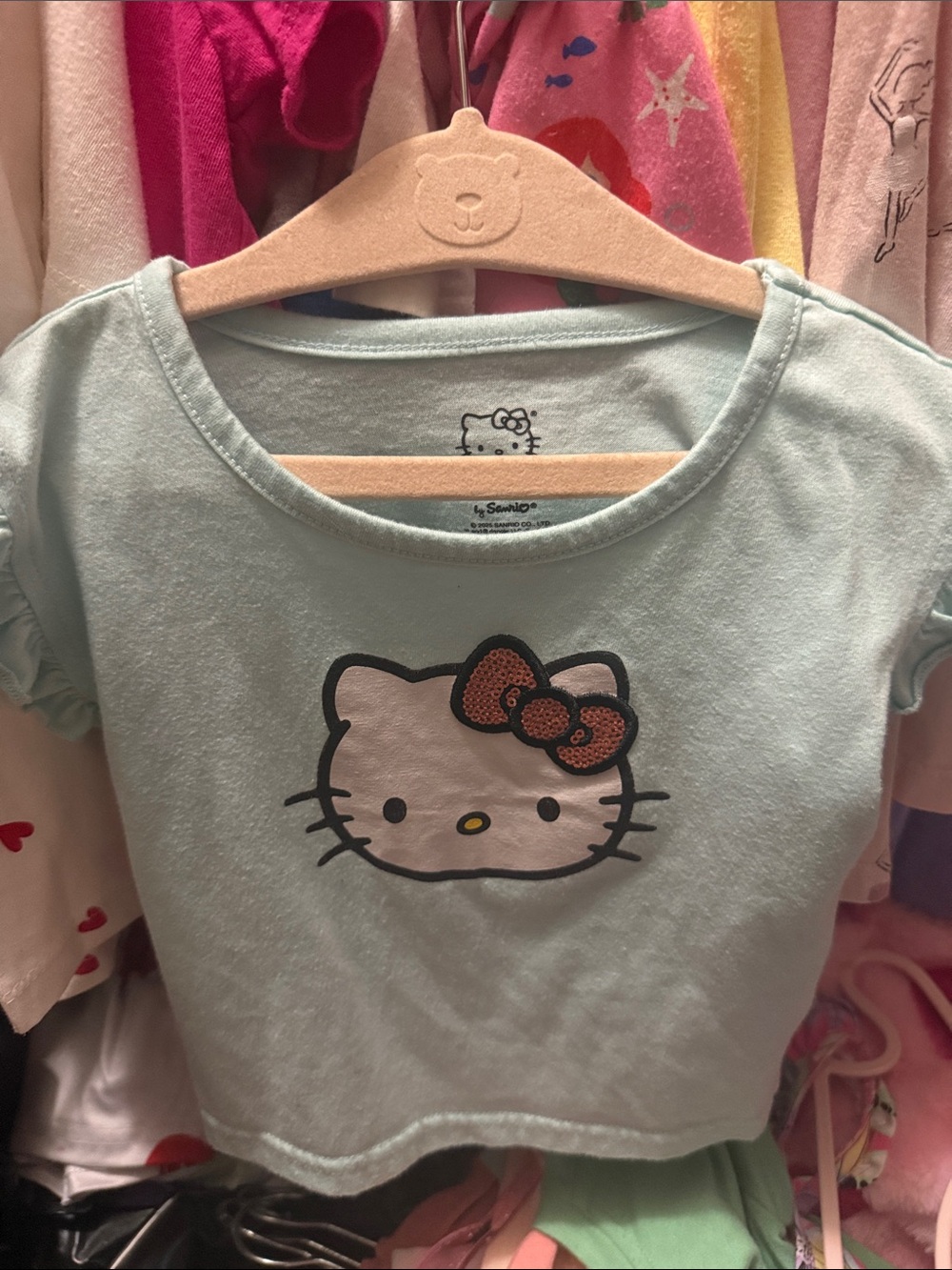 Sanrio Hello Kitty Light Mint Short Sleeve Top with Sequin Bow